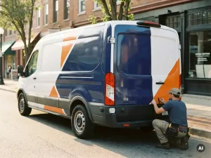 Technicus brengt marineblauw en oranje vinylfolie aan op witte bedrijfsbus geparkeerd op stedelijke straat in middagzon.