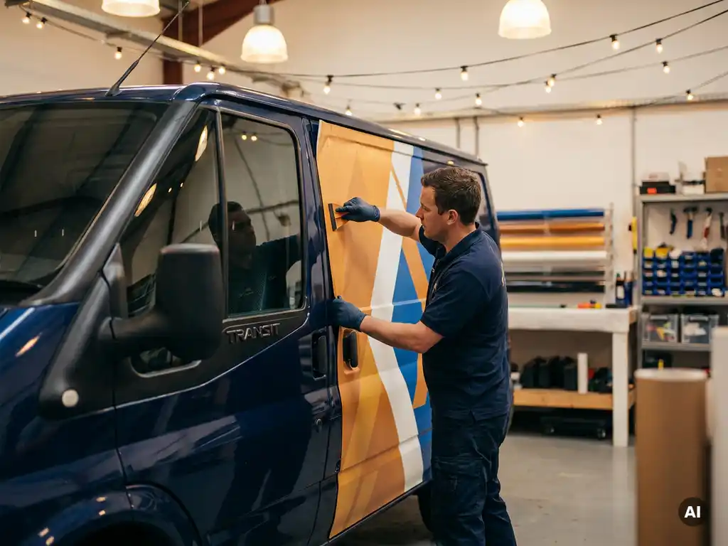 Specialist brengt grote vinylfolie aan op zijdeur van bedrijfsbus in professionele wrapping studio.