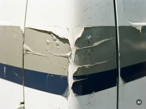 Loslaten van gebrandmerkte vinylwrap op een bestelwagen met zichtbare luchtbellen en blootliggende witte lak.
