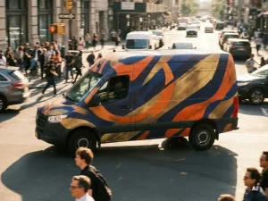 Opvallend gebrandmerkte bedrijfsbus met levendige marineblauw-oranje folie rijdt door drukke stadsstraat op zonnige middag.