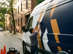 Technicus die vinylfolie aanbrengt op een bedrijfsbus met opvallende merkgraphics, gefotografeerd op straat in warm middaglicht.