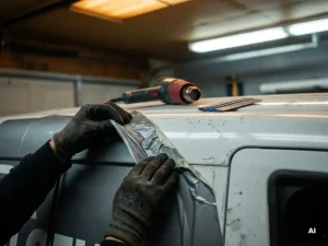 Technicus in handschoenen die beschadigde voertuigwrap van witte bedrijfsbus verwijdert, met heteluchtpistool en trekker op de motorkap.