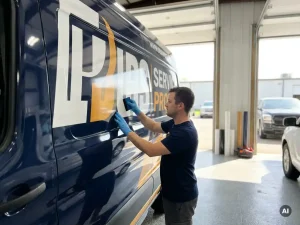 Technicus strijkt vinylfolie glad op donkerblauwe bedrijfsbus met squeegee in lichte werkplaats.