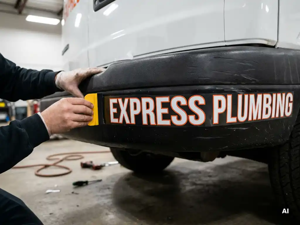 Technicus brengt vinyl letteringssticker aan op zwarte bumper van witte bestelwagen met een rakeltje.