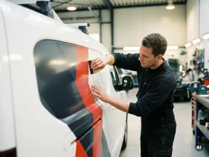 Technicus brengt rode vinylsticker aan op wit bedrijfsbus met trekker in professionele garage.