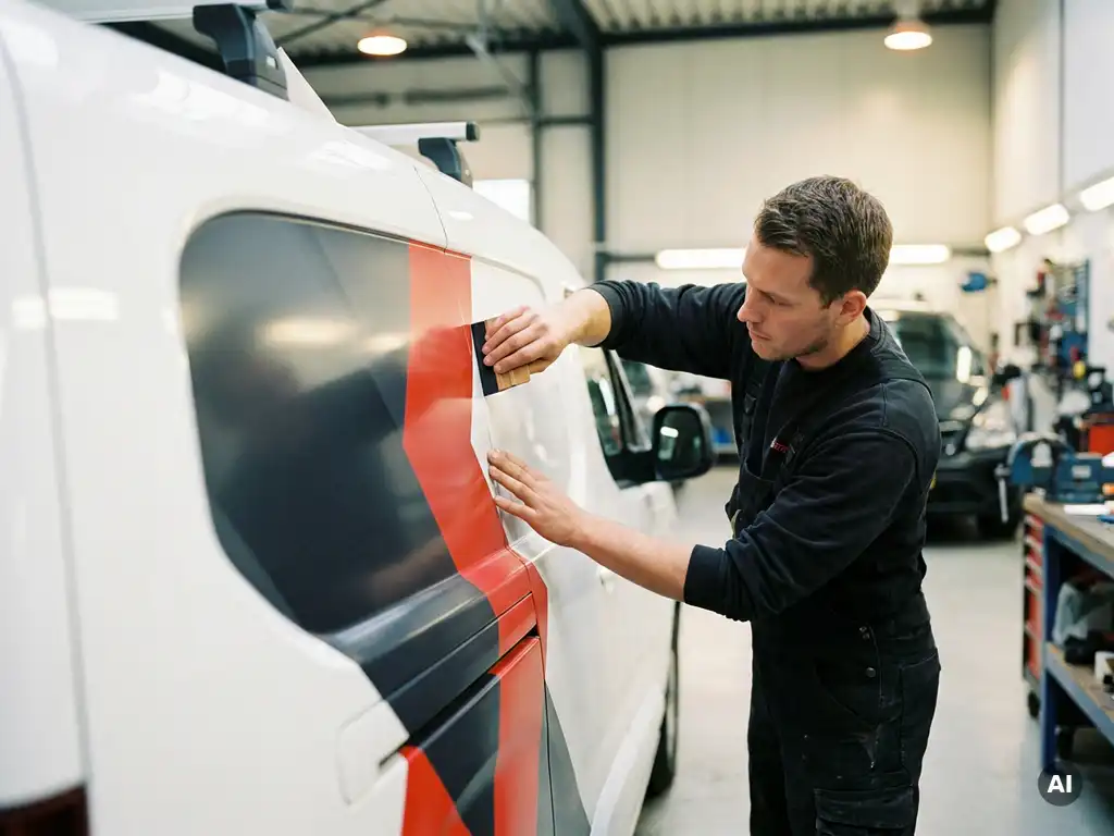 Technicus brengt rode vinylsticker aan op wit bedrijfsbus met trekker in professionele garage.