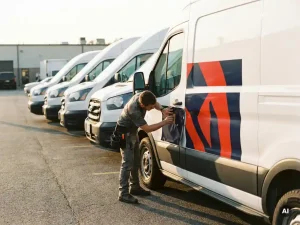 Technicus brengt vinylfolie aan op deur van witte bestelbus, rij identiek gebrandmerkte voertuigen op zonnig parkeerterrein.
