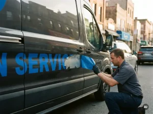 Technicus inspecteert loslaten rand van verouderde voertuigwrap op professionele bestelwagen, contrast tussen intakt cobaltblauw vinyl en vervaagd grijs.