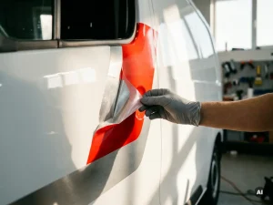Gehandschoende hand die een loskomende rode voertuigwrap-folie optilt op een witte bestelbus, bloot metaal zichtbaar, professionele werkplaats.