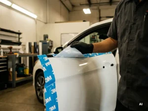 Technicus verwijdert voorzichtig een voertuigwrap van een witte autodeur, waarbij onbeschadigde lak zichtbaar wordt.