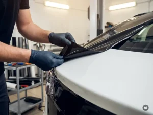Handschoenen handen die zwarte vinyl wrap folie aanbrengen op wit autocarrosseriepaneel in professionele werkplaats.
