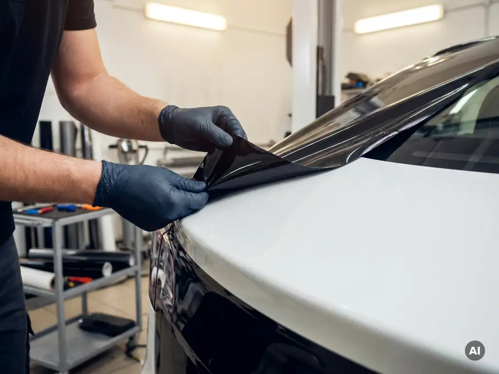 Handschoenen handen die zwarte vinyl wrap folie aanbrengen op wit autocarrosseriepaneel in professionele werkplaats.